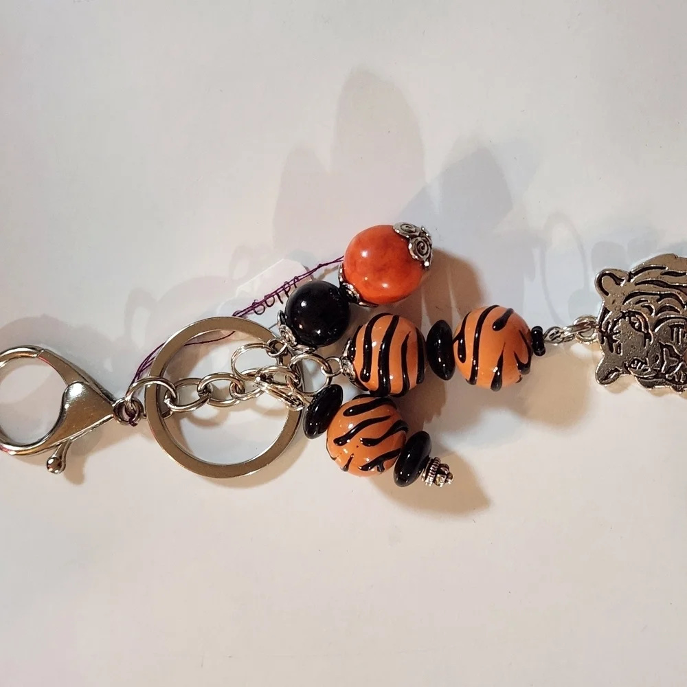 Hand Crafted Tiger Purse Charm Keychain Black Orange Beads Antique Silver Tiger